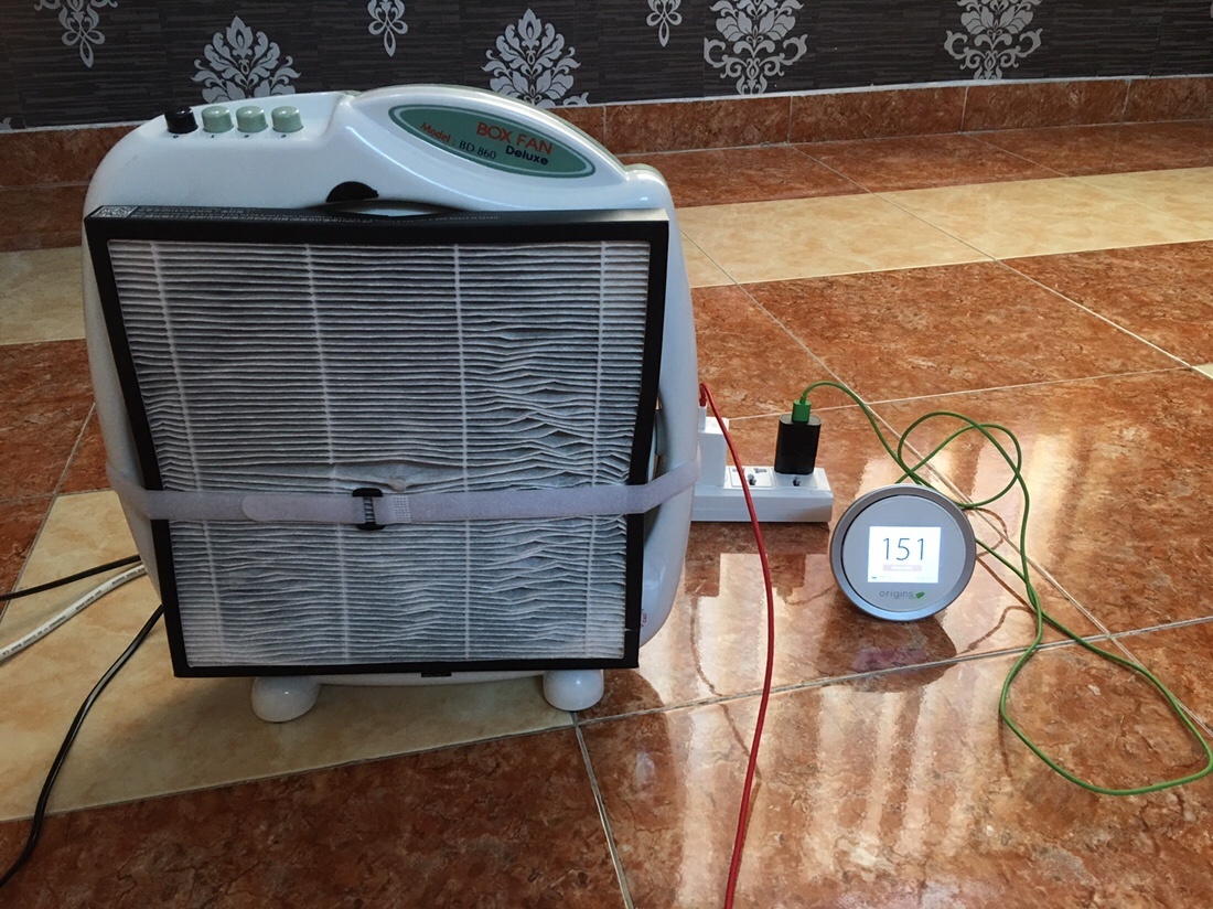 Senko DIY air purifier with hepa filter. LaserEgg next to it.